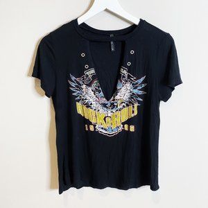 Rock & Roll Black Cut Out Stud Choker Band T-Shirt